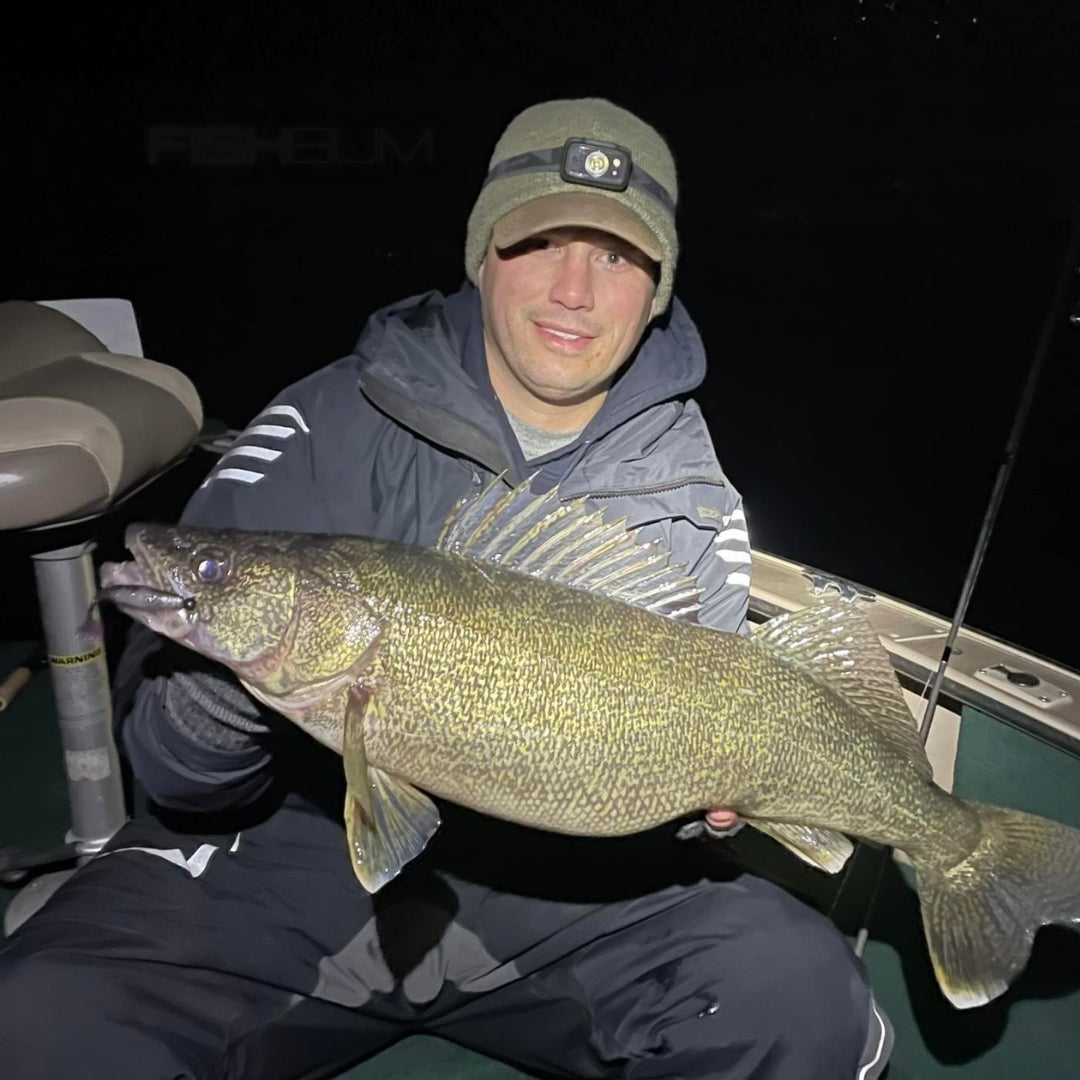 Walleye caught at night on a paddle tail swimbait in dirty stained water