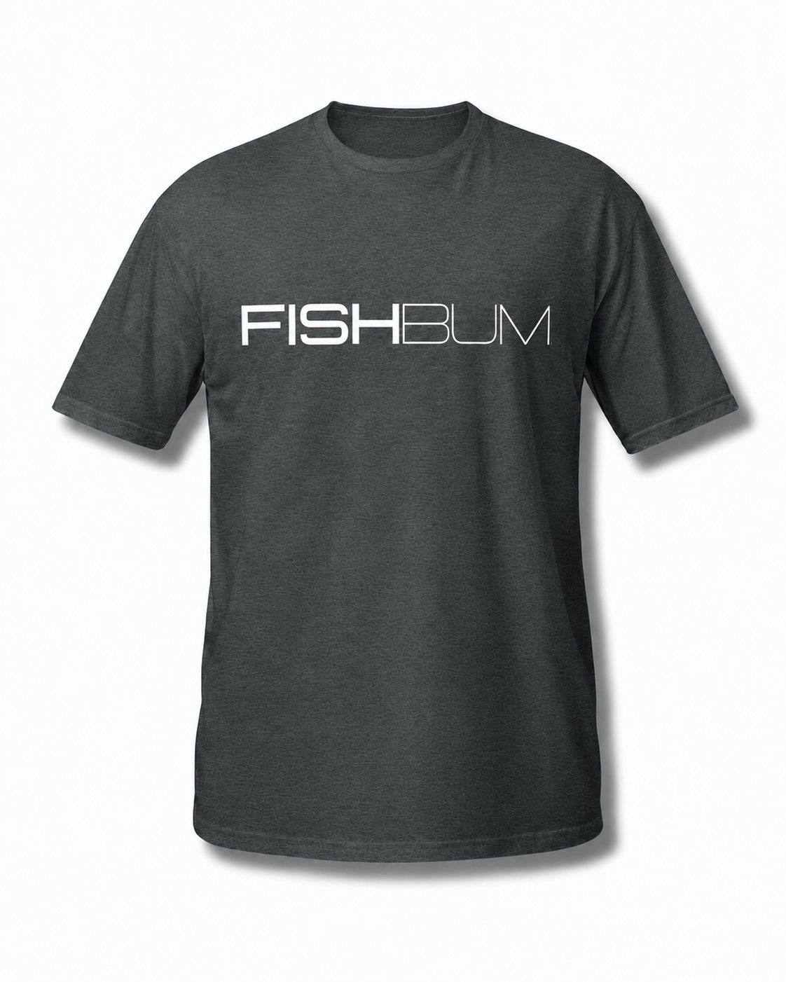 Gray t-shirt with 'FISHBUM' logo on a white background