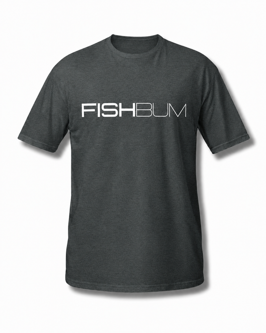 Gray t-shirt with 'FISHBUM' logo on a white background