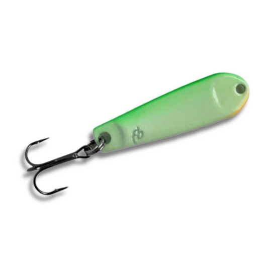 Fish Bum Tackle Tungsten Heavy Hitter Jigging Spoon in Glow Green.  Smaller Size. Better Action