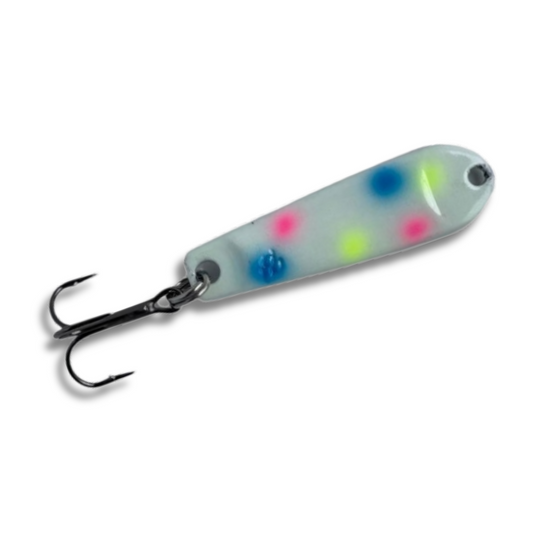 Fish Bum Tackle Tungsten Heavy Hitter Jigging Spoon in Glow Wonderbread.  Smaller Size. Better Action