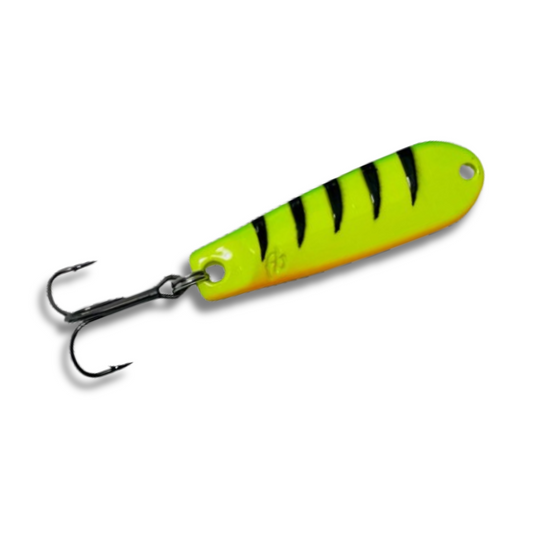 Fish Bum Tackle Tungsten Heavy Hitter Jigging Spoon in UV Firetiger.  Smaller Size. Better Action